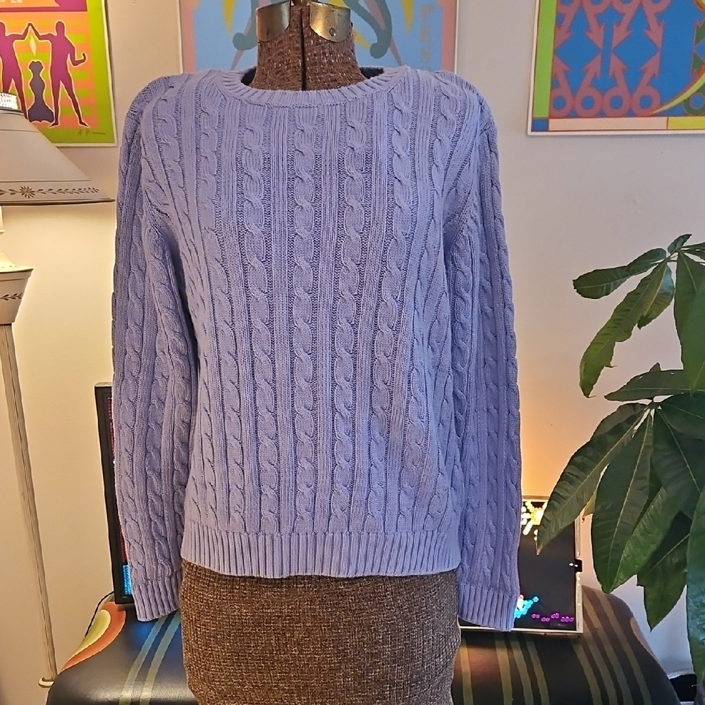 Vintage 1980s LL Bean Womens Cable Knit Sweater Periwinkle Purple Blue M Cotton